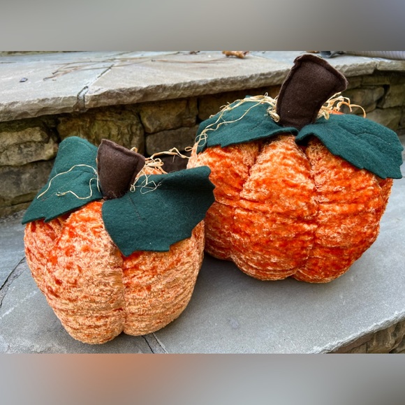🍁 Pumpkin Fall Decor Set Two / 2 Plush Stuffed Decorative Accents NEW! - Picture 1 of 3